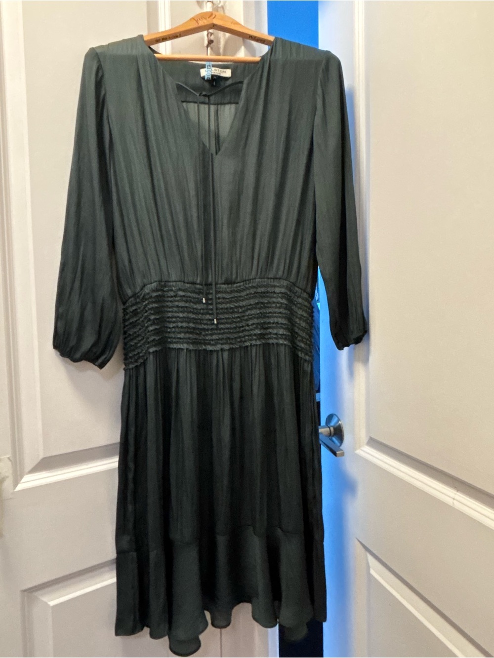 Halston Heritage Forest Green Long Sleeve Smocked-Waist Midi Dress